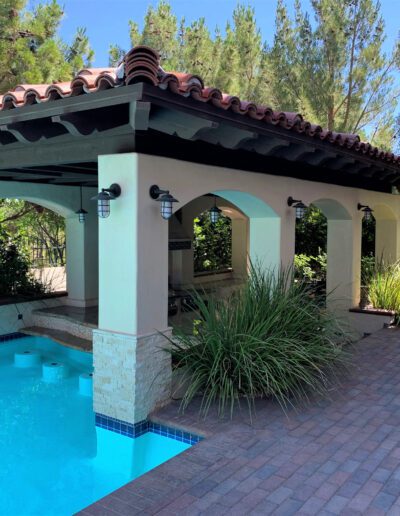 A swimming pool with a gazebo and patio.